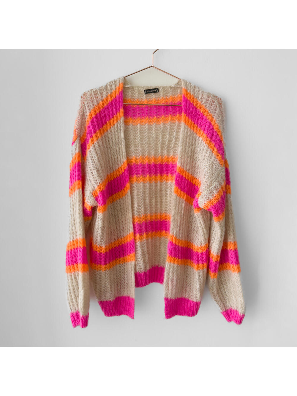 Bellerina Cream Open-Front Knit Cardigan Hot Pink Orange Stripe